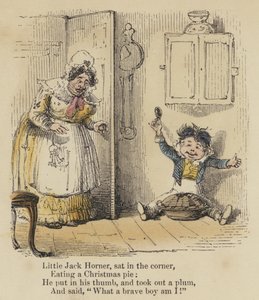 Little Jack Horner, sat in the corner, Eating a Christmas pie, He put in his thumb, and took out a plum, And said, "What a brave boy am I!"