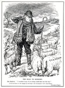 Lloyd George as the Shepherd of Great Britain Asks the Tax Payers (Sheep) to Lead the Recovery of the Economy, December, 1920