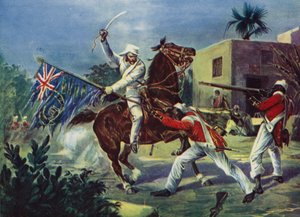 Lord Roberts fighting two sepoys over the British standard at Khudaganj, for which he was awarded the Victoria Cross during the Indian Mutiny by English School
