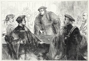 Luther and Zwingle discussing at Marburg by English School
