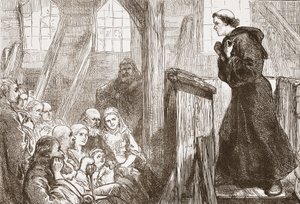 Luther preaching in the old wooden church at Wittemberg by English School