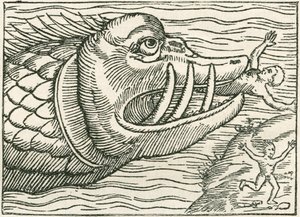 Man being eaten by a sea serpent (Illustration on the margin of a map by Olaus Magnus)