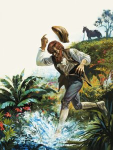 Man running into a stream