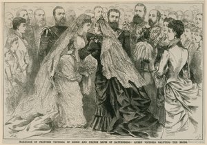 Marriage of Princess Victoria of Hesse and Prince Louis of Battenberg, Queen Victoria saluting the bride, 16 May 1884 by English School