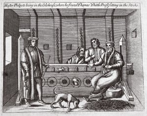 Master Philpots being in the Colehouse, where he found Thomas Whittle, priest, sitting in the stocks, illustration from Acts and Monuments by John Foxe, ninth edition, published 1684 by English School