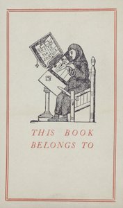 Medieval scribe working on a manuscript, book ownership label