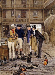 Members of the Pickwick club meet Sam Weller. Illustration of the works of Charles Dickens (1812-1870)