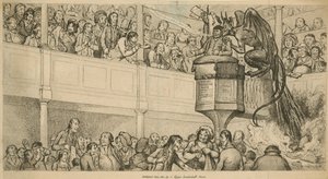 Methodist preacher at lecture with demon at shoulder