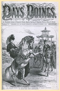 Miss Georgina Sanger, the well-known female horse-tamer, at present performing at Astleys New Royal Amphitheatre by English School