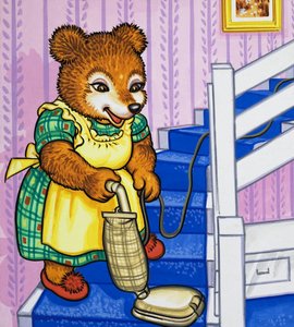 Mother bear hoovering the stairs by English School