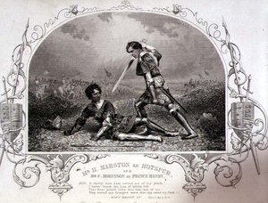 Mr. H. Marston as Hotspur and Mr. F. Robinson as Prince Henry, Act V Scene 4 from Henry IV (Part I) from a daguerrotype by Paine of Islington, pub. by John Tallis & Co.