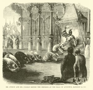 Mr Judson and Mr Colman Before the Emperor at the Hall of Audience, Rangoon by English School
