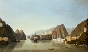 Muscat from the harbour with a British frigate at anchor, from Sixteen Views of Places in the Persian Gulf, by Lieutenant R. Temple, published 1813