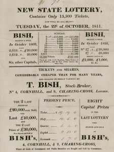 New State Lottery, run by T. Bish, stockbroker, 4 Cornhill and 9 Charing Cross, London by English School