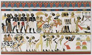 Nubian Chiefs Bringing Presents to the King of Egypt, Copy of an Ancient Egyptian Wall Painting from a Tomb at Thebes, c.1380 BC, from The History of Mankind, Vol.III, by Prof. Friedrich Ratzel, 1898