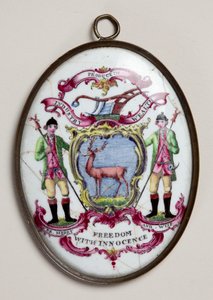 Oval medallion for the Society of Bucks, showing two foresters supporting a shield painted with a stag