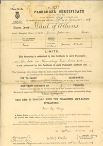 Passenger Certificate for Steam Ship The Maid of Athens by English School