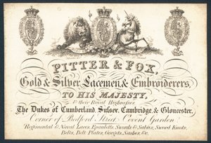 Pitter & Fox, gold and silver laceman & embroiders, trade card by English School