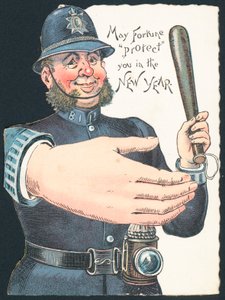 Policeman Holding Truncheon with Large Hand, New Year Card