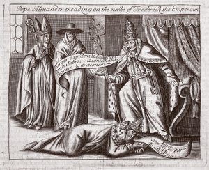 Pope Alexander treading on the neck of Emperor Frederick, illustration from Acts and Monuments by John Foxe, ninth edition, pub. 1684 by English School
