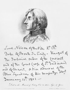 Portrait of Admiral Horatio Nelson with his handwriting