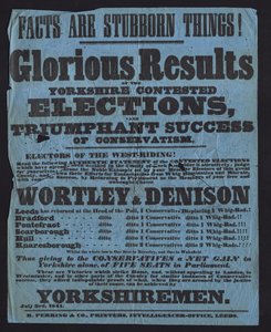 Poster celebrating victory of Conservative candidates in parliamentary elections in Yorkshire by English School