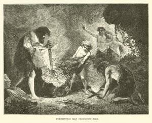 Prehistoric Man Producing Fire by English School