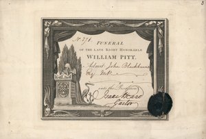 Procession admission ticket to the funeral of William Pitt by English School