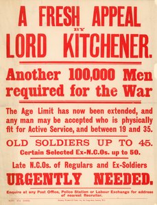 Promotional Poster Appealing for 100,000 Men to Volunteer for Service in the War by English School