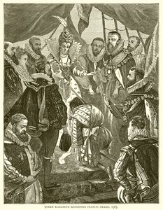 Queen Elizabeth knighting Francis Drake, 1585 by English School