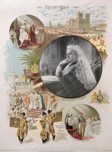 Queen Victoria depicted at the time of her Diamond Jubilee in 1897 together with some of the main events in her life by English School