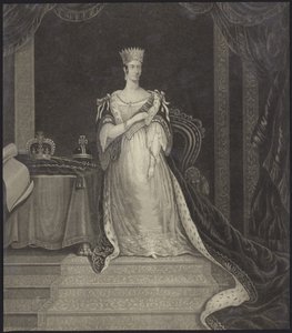 Queen Victoria seated alongside the crown jewels