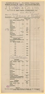 Receipt from J Lyons & Co Ltd, 6-8 St Johns Square, Clerkenwell, London EC