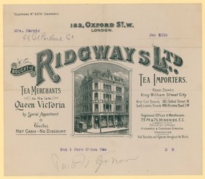 Receipt from Ridgways, tea importers, 182 Oxford Street, London