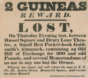Reward Notice Offering 2 Guineas for the Return of a Small Red Pocket-Book by English School