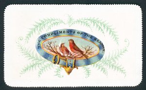 Robins sitting in oval with fern surround by English School