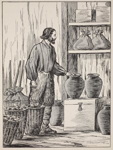 Robinson Crusoe in his storeroom