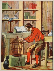 Robinson Crusoe making a cage for his parrot by English School