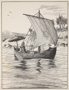 Robinson Crusoe on his boat by English School