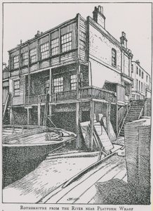 Rotherhithe from the River Thames near Platform Wharf; The Angel by English School