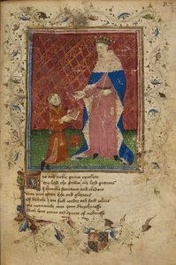 Thomas Hoccleve kneeling in the act of offering his book to King Henry V, illustration from 