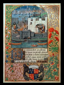 Tower of London and shipping, with Charles, Duke of Orleans seated in the Tower writing, from Poems of Charles Duke of Orleans, c.1500