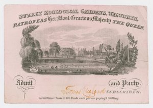 Royal Surrey Zoological Gardens, Entrance Ticket by English School