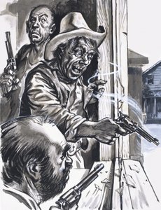 Ruffian Cowboys Shooting from Window by English School