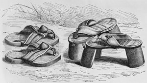 Sandals and pattens from the West Soudan, possibly Mandingo, from 