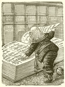 Santa Claus looking in his diary for the names of children who have been good since last Christmas by English School