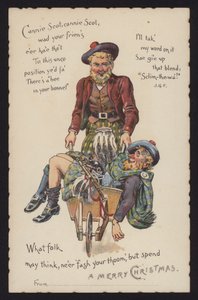 Scotsman taking his drunken friend home in a wheelbarrow