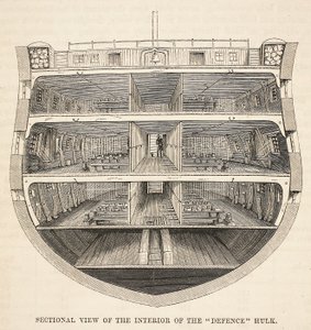 Sectional view of the interior of the Defence hulk, illustration from The Criminal Prisons of London and Scenes from Prison Life by Henry Mayhew and John Binny, pub. 1862 by English School