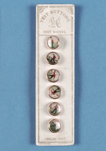 Set of six vest buttons on original card backing with photographic decorations of footballers by English School