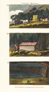 Settlers in a Wagon Traveling to the Western States, Settlers Building a Log Cabin, and View of Mammoth Cave in Kentucky by English School
